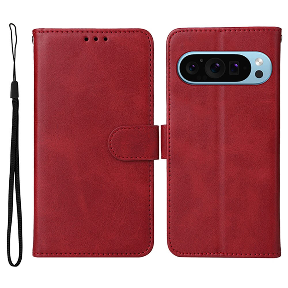 Rote Leder-Handytasche im Geldbörsenstil mit Magnetverschluss, Kameraausschnitt und schwarzem Armband