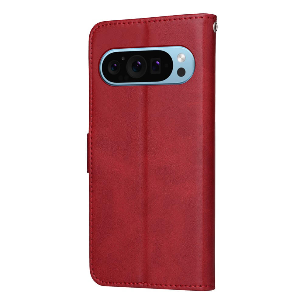 Rote Lederhülle in Brieftaschen-Design mit blauer Kamerafassung für Smartphone mit Mehrfachlinsen.