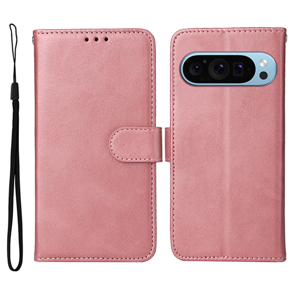 Elegante rosa Leder-Handyhülle mit Magnetverschluss und Handgelenkriemen, Vorder- und Rückansicht mit Kameraausschnitt.