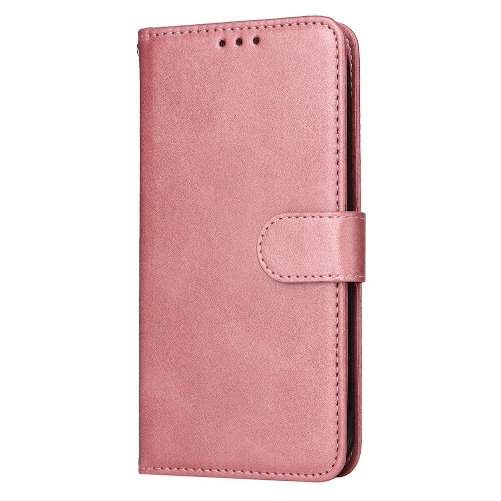 Weiches rosa Leder-Phone-Wallet mit Rundungen, Ziernähten und Magnetverschluss