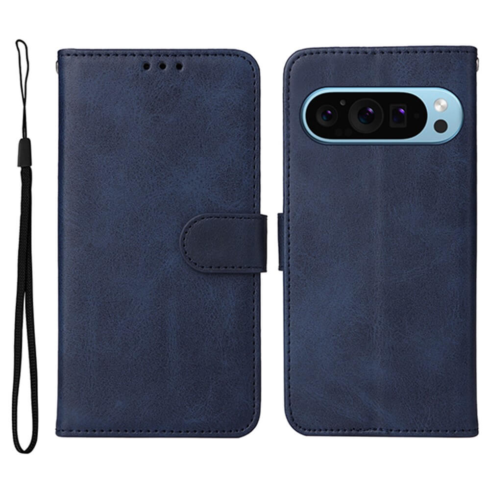 Elegante navyblaue Leder-Handytasche im Brieftaschenstil mit Kameraschnitt und schwarzem Handgelenkriemen.