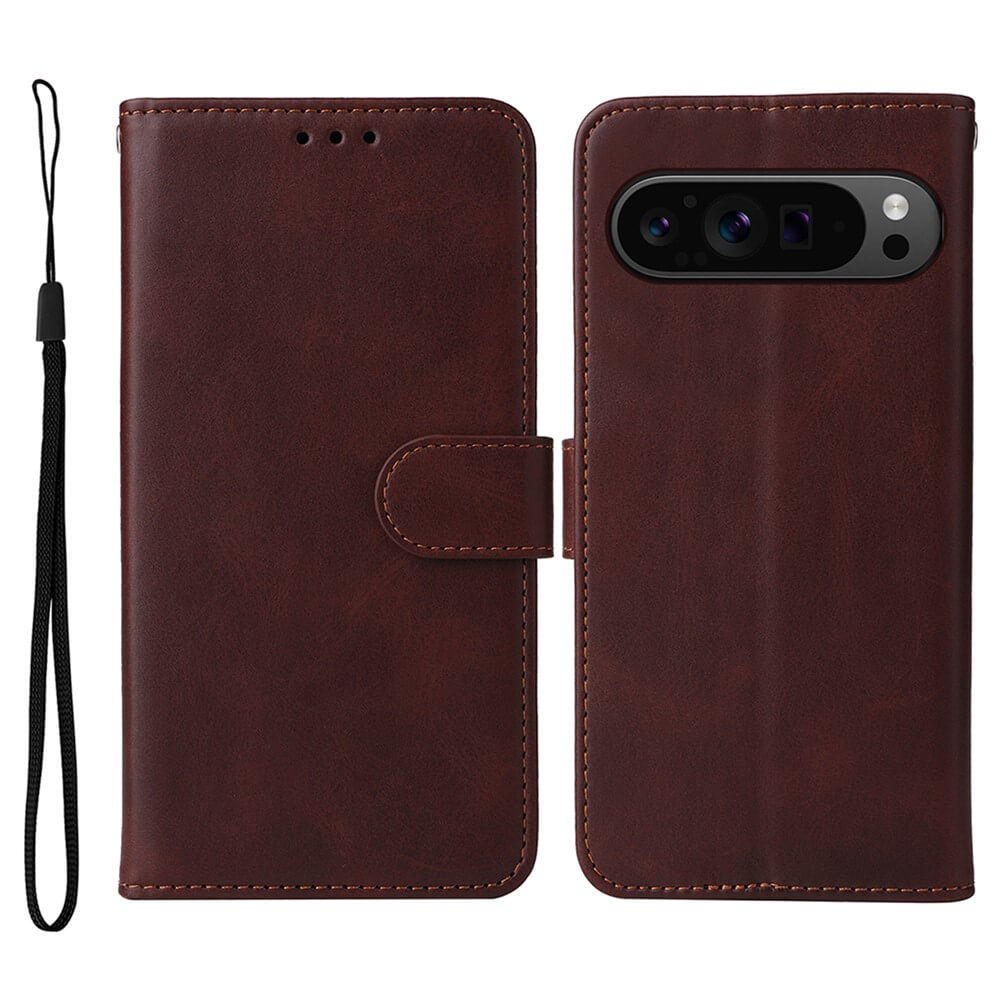 #farbe_braun|Elegantes braunes Leder-Flipcase mit Magnetverschluss, Ausschnitten für Lautsprecher und Kamera, abnehmbarem Handgelenkriemen