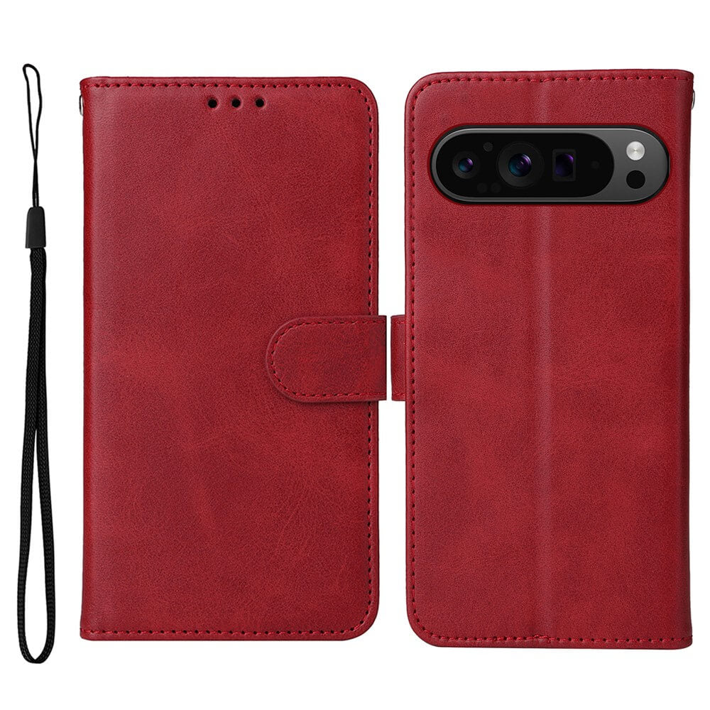 Rote Leder-Handytasche mit magnetischem Verschluss, schwarzem Trageriemen und Ausschnitten für Lautsprecher und Kamera