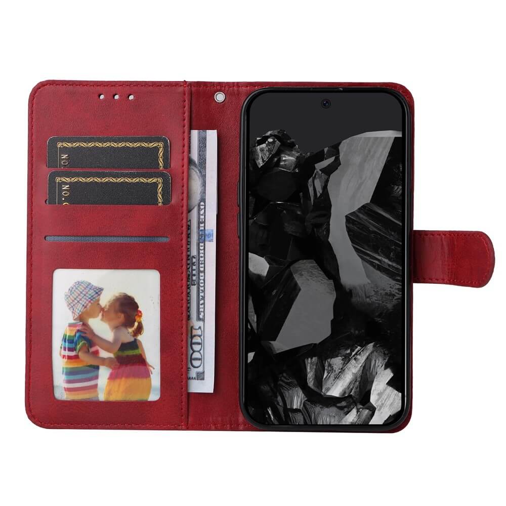 Rotes Leder-Wallet-Handyhülle offen mit Kartenfächern, Fotofach, 100-Dollar-Schein und Smartphone.