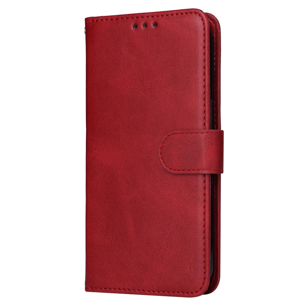 Rote Leder-Handyhülle mit Klappverschluss und dekorativen Nähten, schlank und elegant mit Lautsprecherausschnitten.