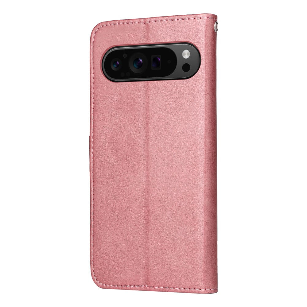 Elegantes pinkfarbenes Leder-Handy-Wallet-Cover mit Nähten und Ausschnitt für Kameralinsen und Blitz