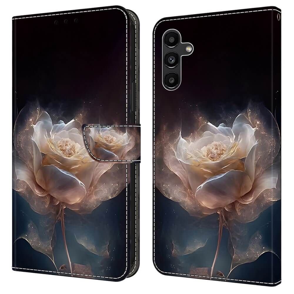 #farbe_peony|Schützen Sie Ihr Galaxy A55 stilvoll: Die Cover-Discount 3D-Effekt Hülle Etui Peony zeigt ein leuchtendes weißes Rosenmotiv auf dunklem Hintergrund in Vorder- und Rückansicht.