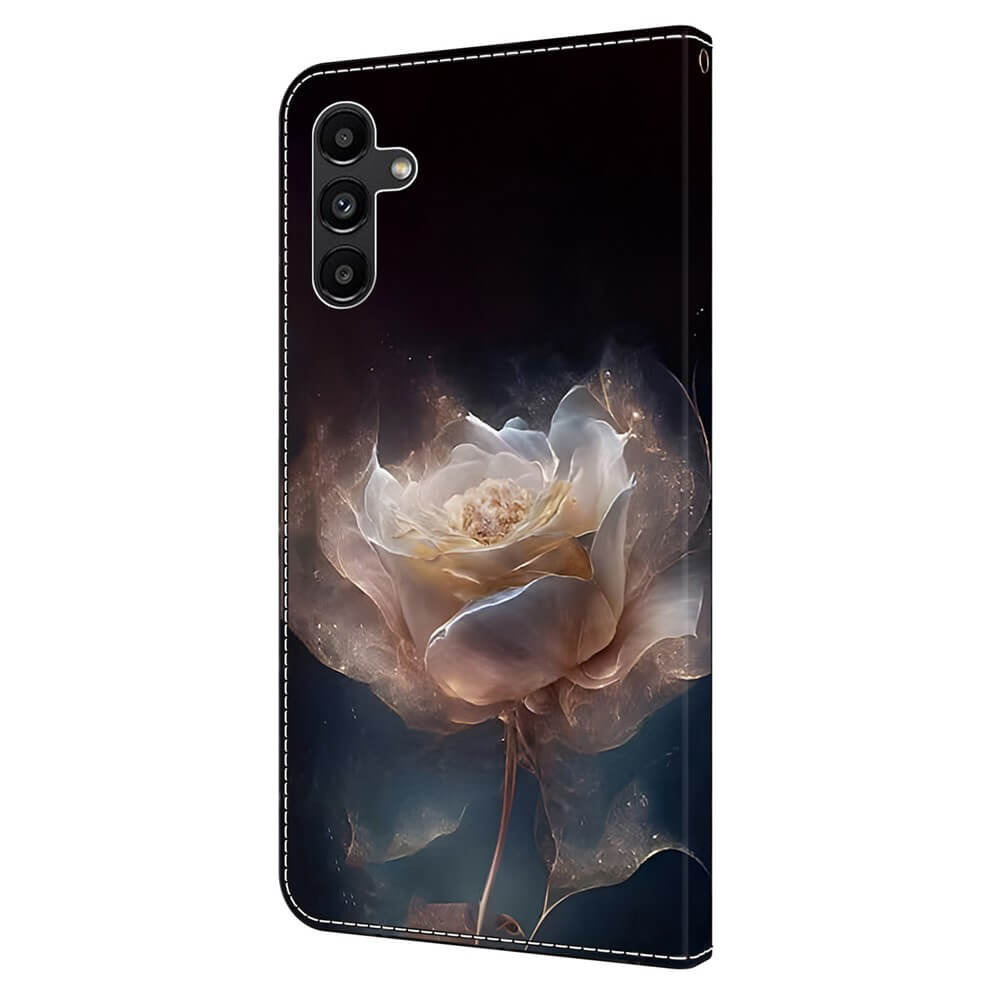 #farbe_peony|Verleihen Sie Ihrem Galaxy A55 Eleganz mit der Cover-Discount 3D-Effekt Hülle Etui Peony, die ein realistisches, leuchtend weißes Pfingstrosen-Design auf einem dunklen Hintergrund für einen stilvollen Look bietet.