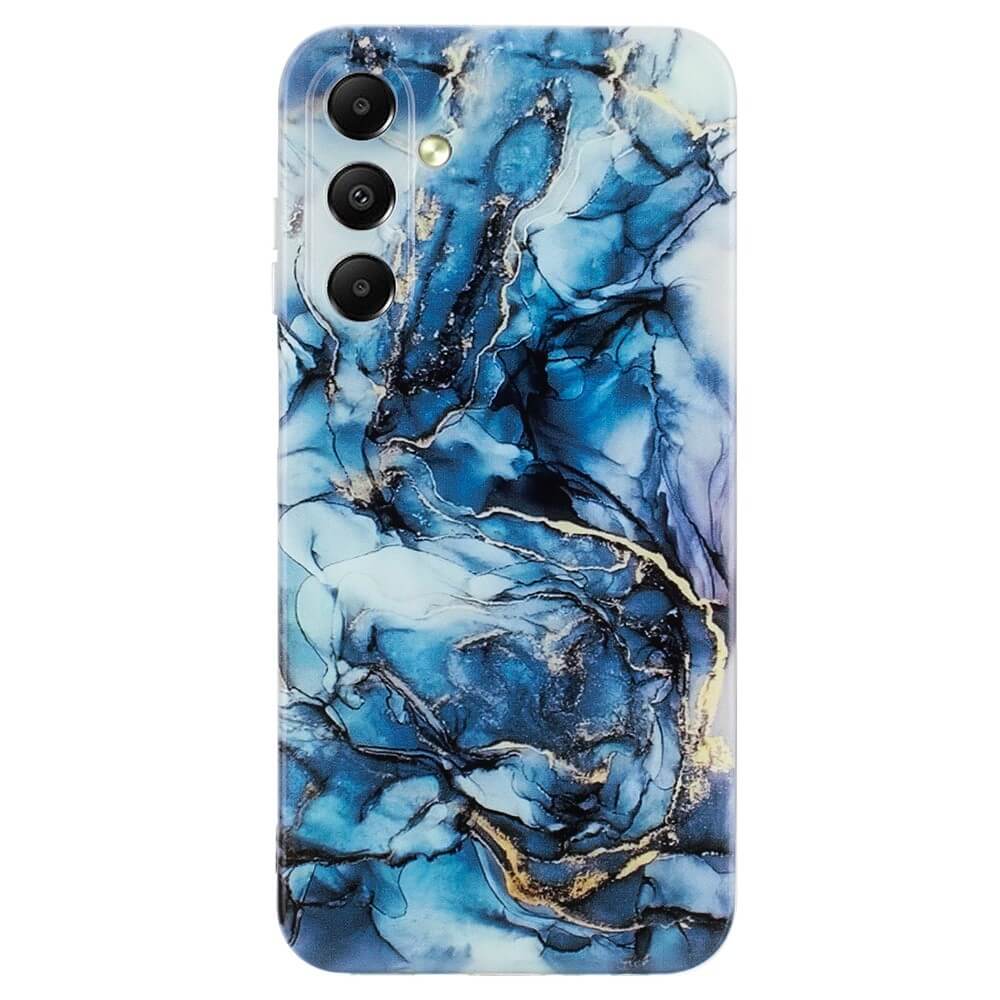#farbe_blau|Die Cover-Discount Galaxy A35 - Handyhülle Marble verfügt über ein blaues Marmormuster mit goldenen Akzenten, drei Aussparungen für die Kameralinse und ist aus strapazierfähigem TPU für stilvollen Schutz gefertigt.