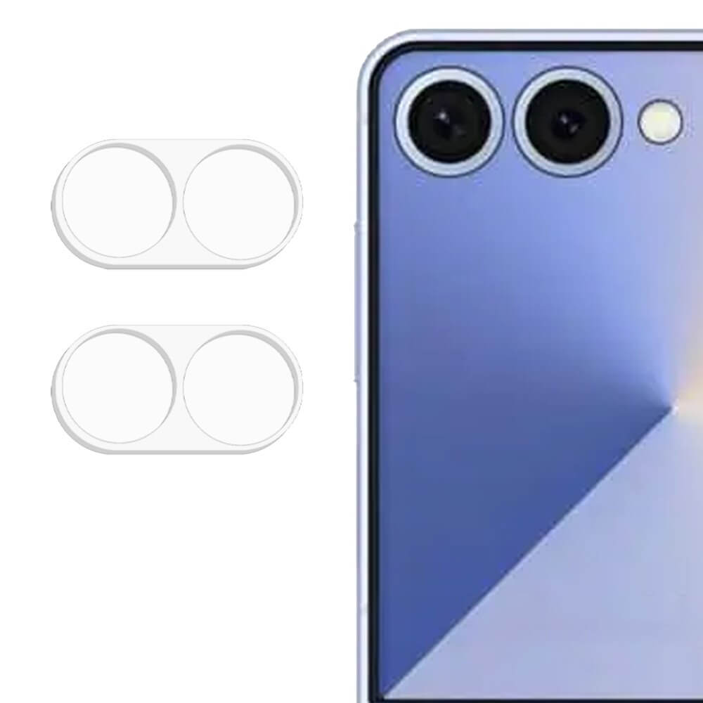 Nahaufnahme der beiden rückwärtigen Kameras des Galaxy Z Flip7 mit zwei Cover-Discount Schutzgläsern daneben auf Weiß - perfekter Objektivschutz mit Galaxy Z Flip7 - 2 Stk. Schutzglas Kamera.