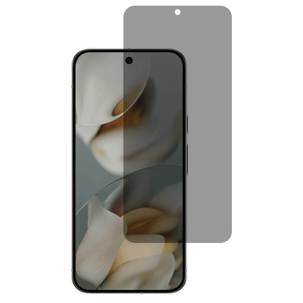 Ein Smartphone mit einem floralen Hintergrundbild neben einer Cover-Discount Google Pixel 10 Pro XL Panzerglas Display Privacy Anti-Spy Displayschutzfolie.
