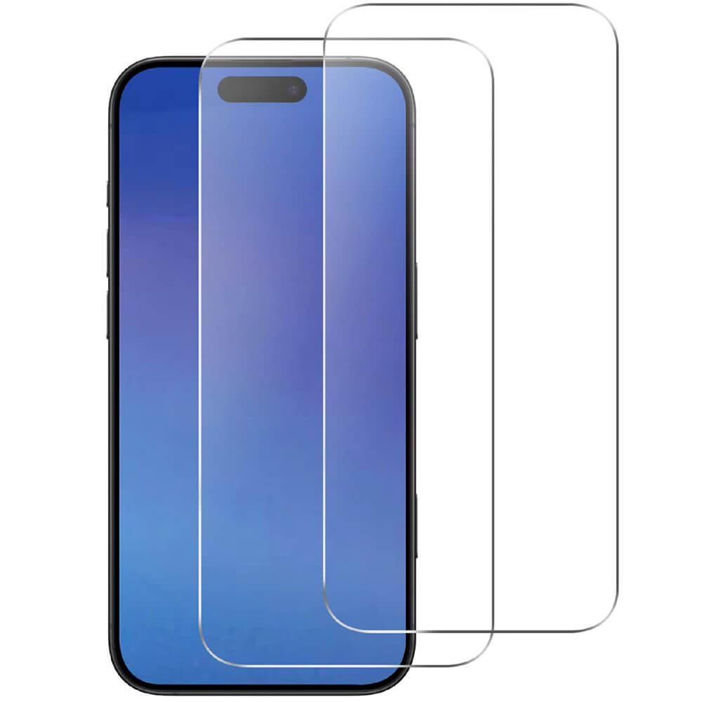 Zwei Cover-Discount iPhone 17 Air Panzerglas Displayschutzfolien (2 Stk.) aus gehärtetem Glas werden vor einem modernen Smartphone mit blauem Farbverlauf angezeigt.