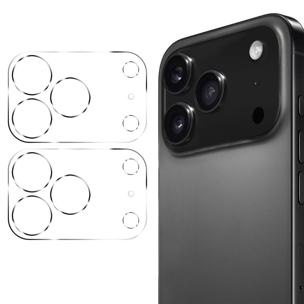 Ein iPhone 17 Pro Max mit drei Rückkameras wird neben zwei durchsichtigen Cover-Discount Schutzglas-Kameraschutzfolien gezeigt.