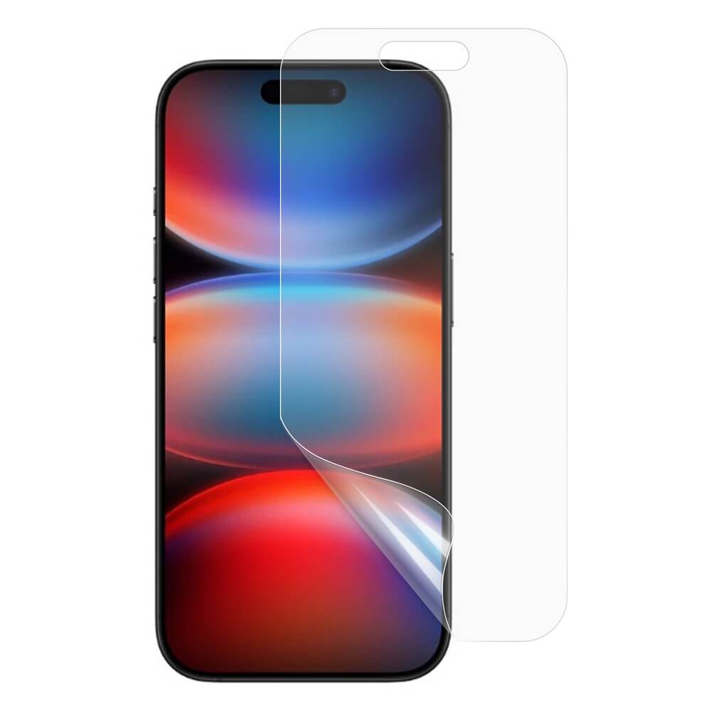 Ein Smartphone mit einer Cover-Discount iPhone 17 Pro - Display Schutzfolie PET hat sich teilweise vom Bildschirm gelöst.