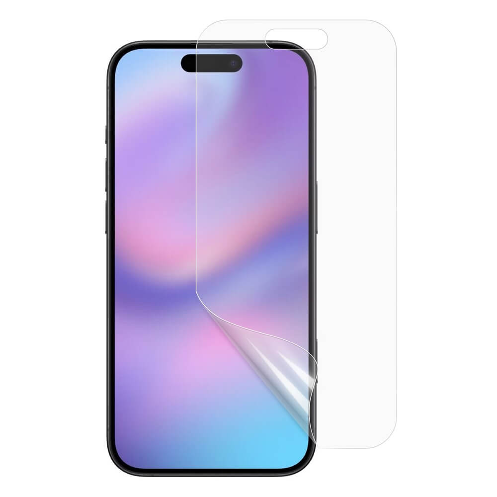 Bei einem Smartphone mit leuchtendem Display wird die Cover-Discount iPhone 17 - Display Schutzfolie PET, eine transparente Schutzfolie, passgenau für einen optimalen Displayschutz angebracht.