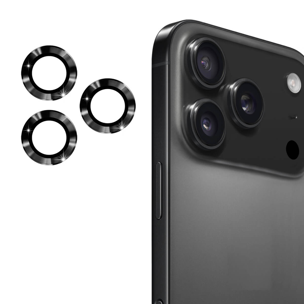#farbe_schwarz|Nahaufnahme der Triple-Kamera des iPhone 17 Pro mit drei ENKAY Panzerglas Linsen Kamera Objektivschützern daneben, ideal für den Schutz der iPhone 17 Pro / iPhone 17 Pro Max Kamera.
