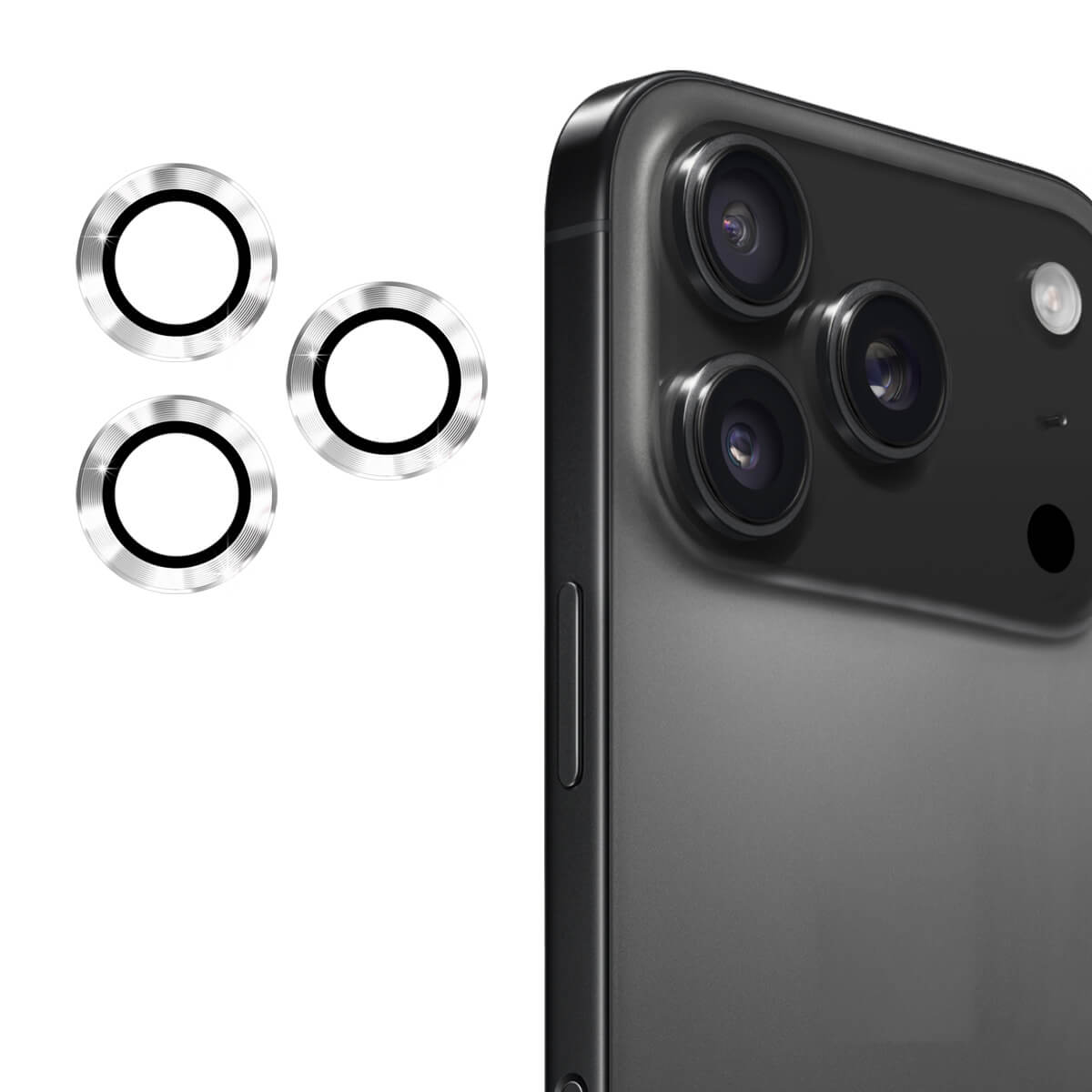 #farbe_silber|Die ENKAY Panzerglas Linsen Kamera für das iPhone 17 Pro / Pro Max bietet einen starken Linsenschutz mit drei mitgelieferten Metallprotektoren, die neben den drei rückseitigen Kameras des schwarzen Telefons abgebildet sind.