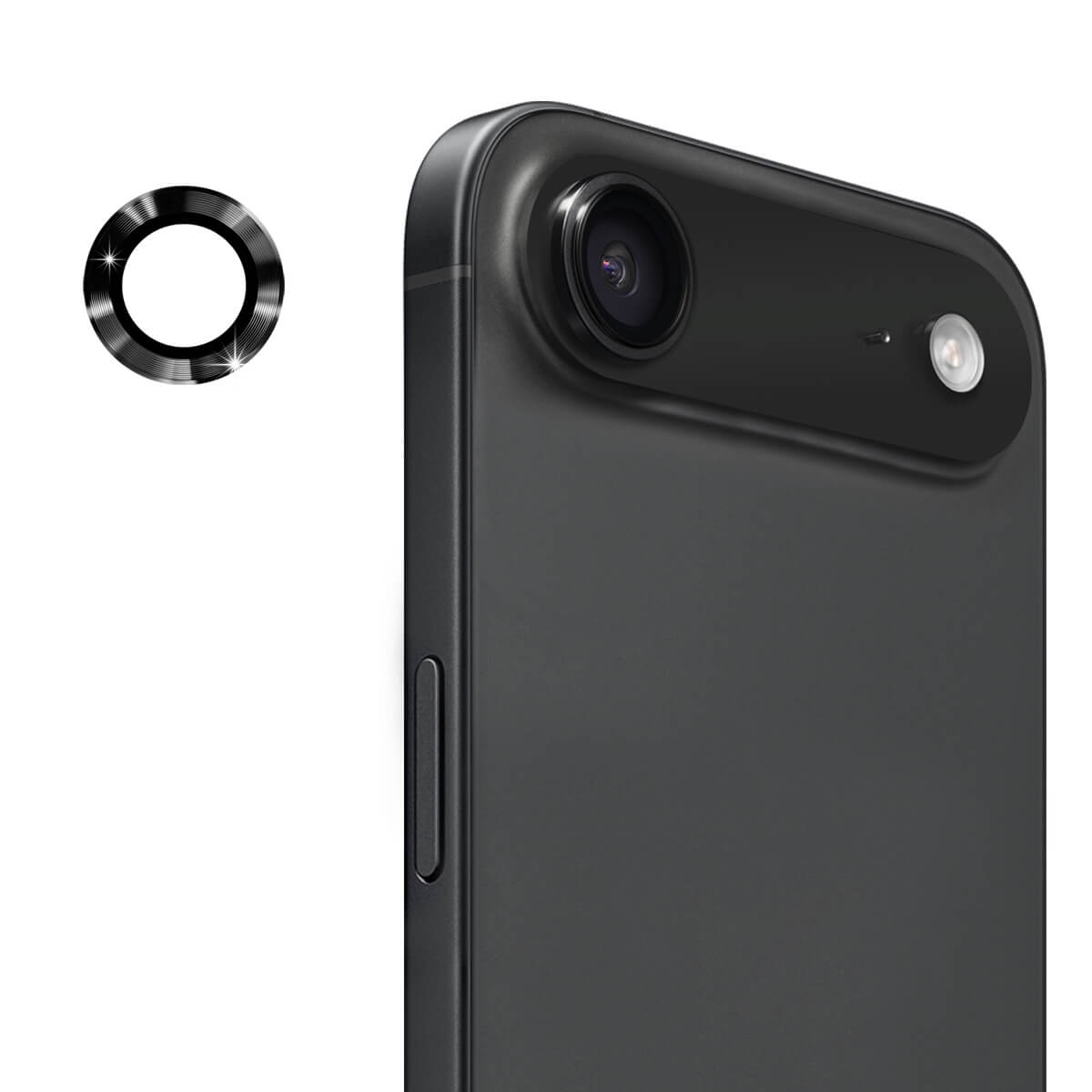 #farbe_schwarz|Nahaufnahme des iPhone 17 Air mit ENKAY Panzerglas Linsen Kamera Schutzring und Linsenglas von ENKAY.