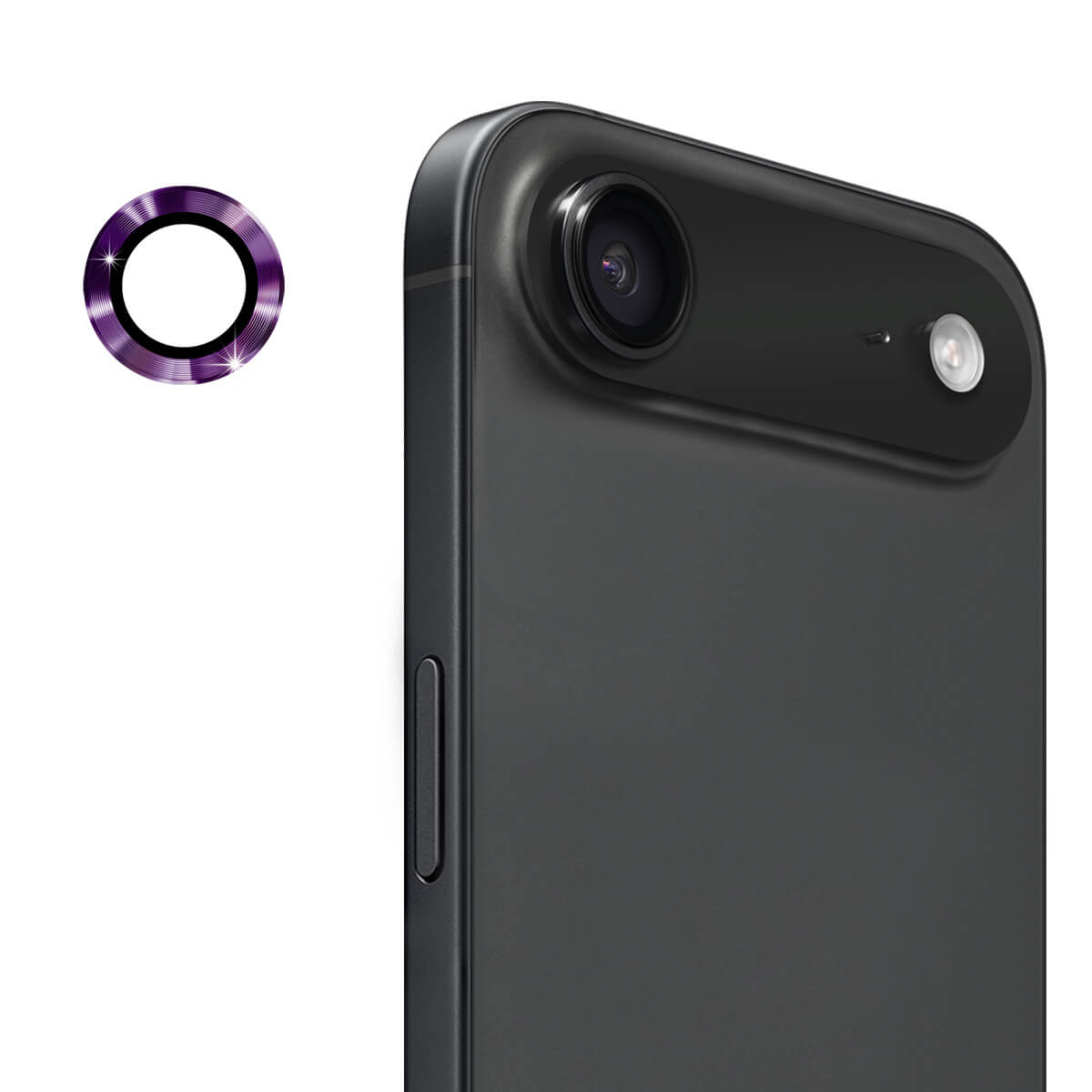 Nahaufnahme des iPhone 17 Air mit ENKAY Panzerglas Linsen Kamera und einem lila Kameraschutzring, dargestellt auf weißem Hintergrund.