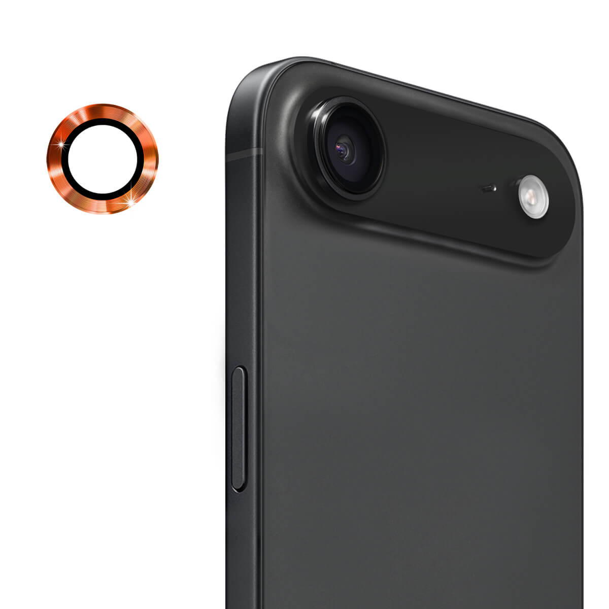 Nahaufnahme des iPhone 17 Air - ENKAY Panzerglas Linsen Kamera: das Kameraobjektiv, ein kupferfarbener ENKAY Kameraschutzring und ein separates Kamera-Linsen-Panzerglas.