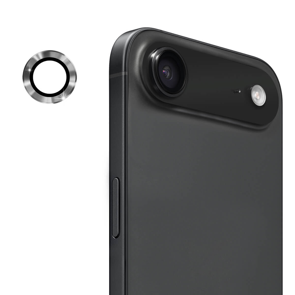 Nahaufnahme eines iPhone 17 Air mit dem daneben abgebildeten ENKAY Panzerglas Linsen Kamera Objektivschutz, der den zusätzlichen Kameraschutz von ENKAY hervorhebt.