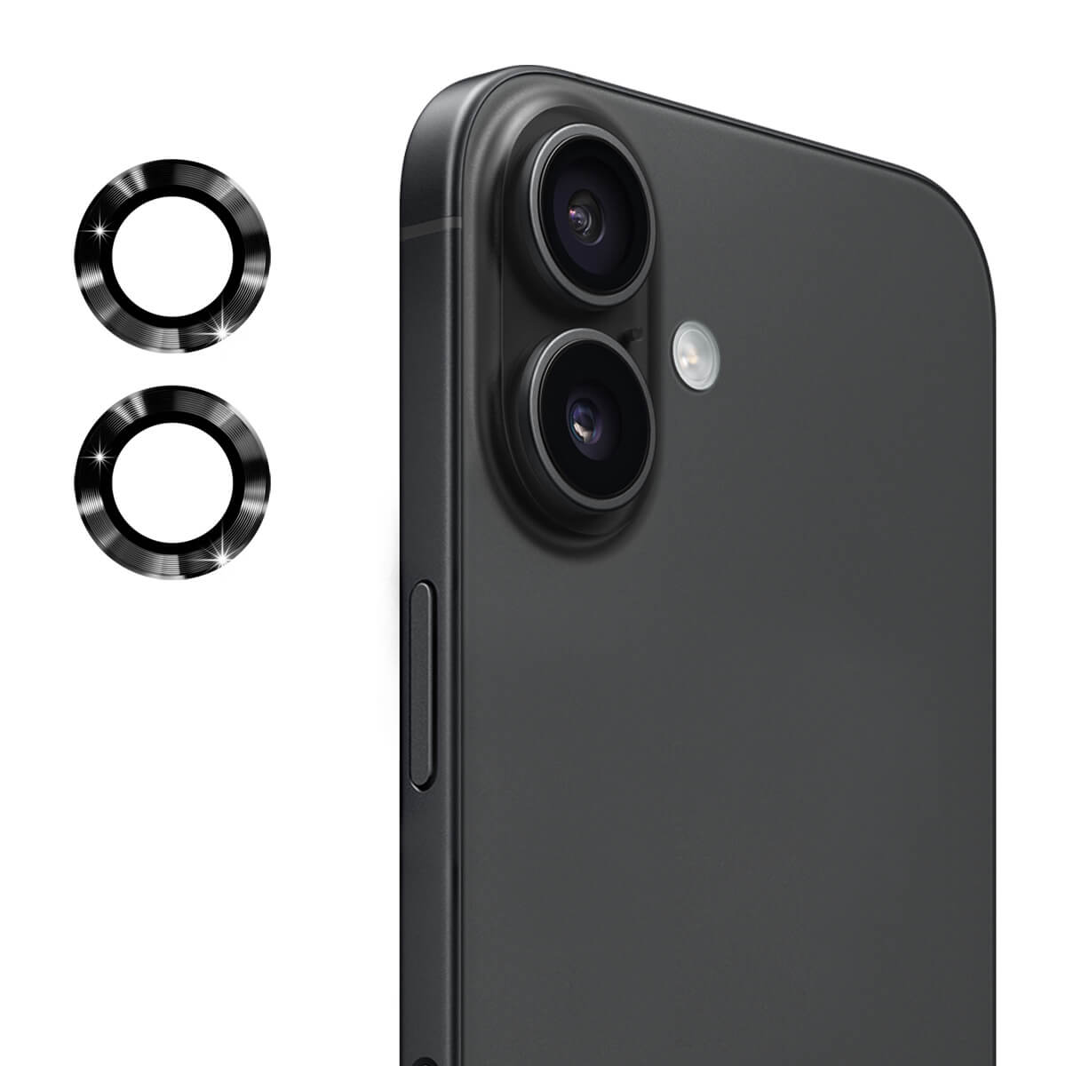 Nahaufnahme der Dual-Kameras des iPhone 17 mit zwei ENKAY Panzerglas-Objektivschützern, die den Premium-Kameraobjektivschutz von ENKAY präsentieren.