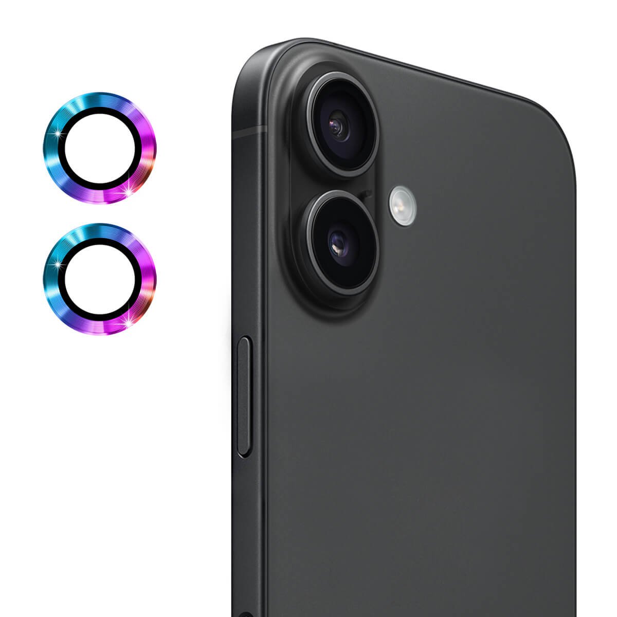 Nahaufnahme des iPhone 17 mit zwei rückwärtigen Kameras und zwei bunten Linsenschutzringen, die die ENKAY Panzerglas Linsen Kamera für optimalen Kameraschutz hervorheben. Marke: ENKAY.