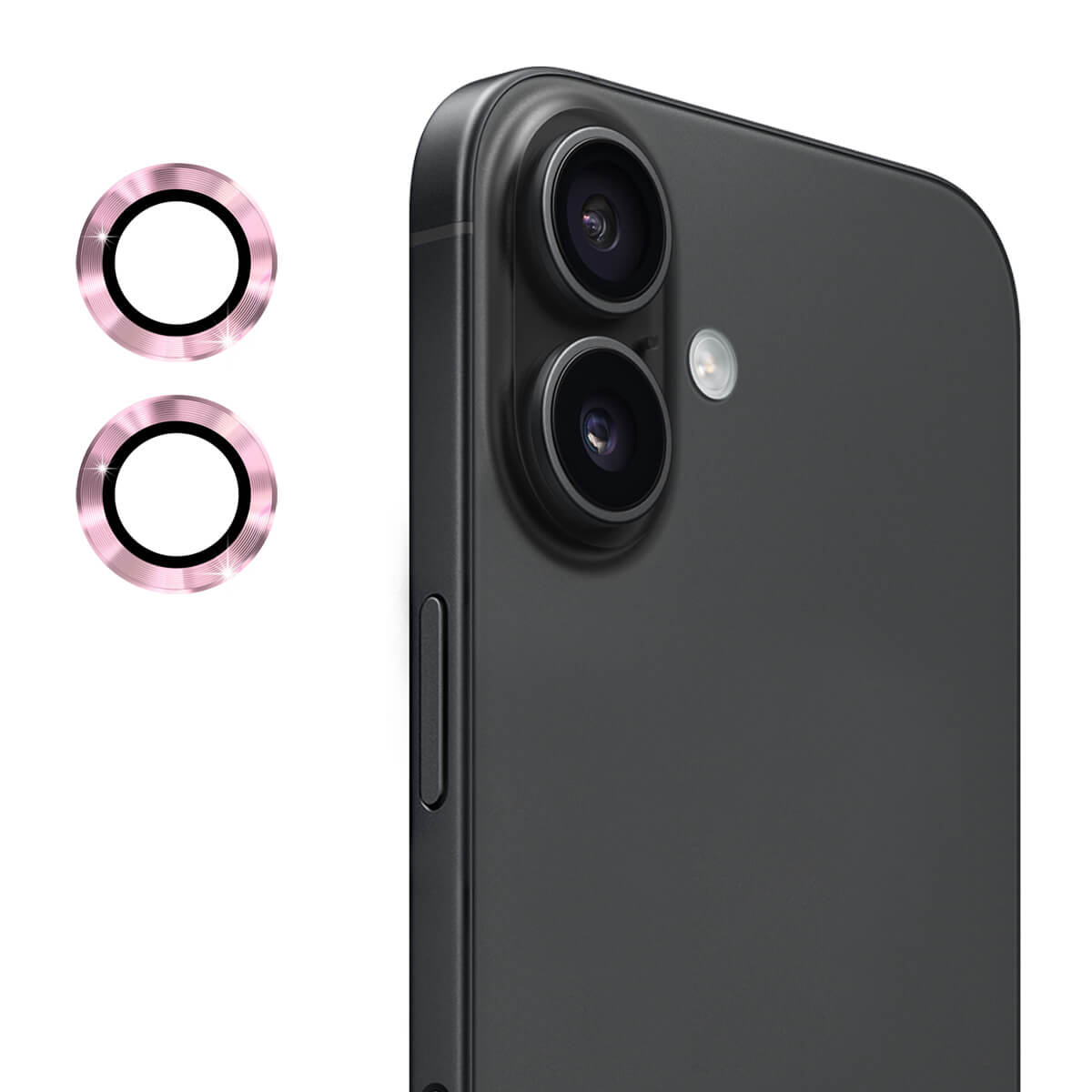 Nahaufnahme eines iPhone 17 mit ENKAY Panzerglas Linsen Kamera rosa Schutzvorrichtungen für die beiden rückwärtigen Kameras, die neben dem Telefon für zusätzlichen Schutz der Kameralinsen gezeigt werden.
