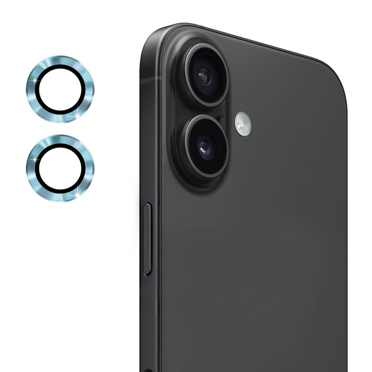 Nahaufnahme der Dual-Kamera des iPhone 17 mit zwei kreisförmigen ENKAY Panzerglas Linsen Kamera Protektoren daneben, die den Premium-Kameraobjektivschutz von ENKAY präsentieren.