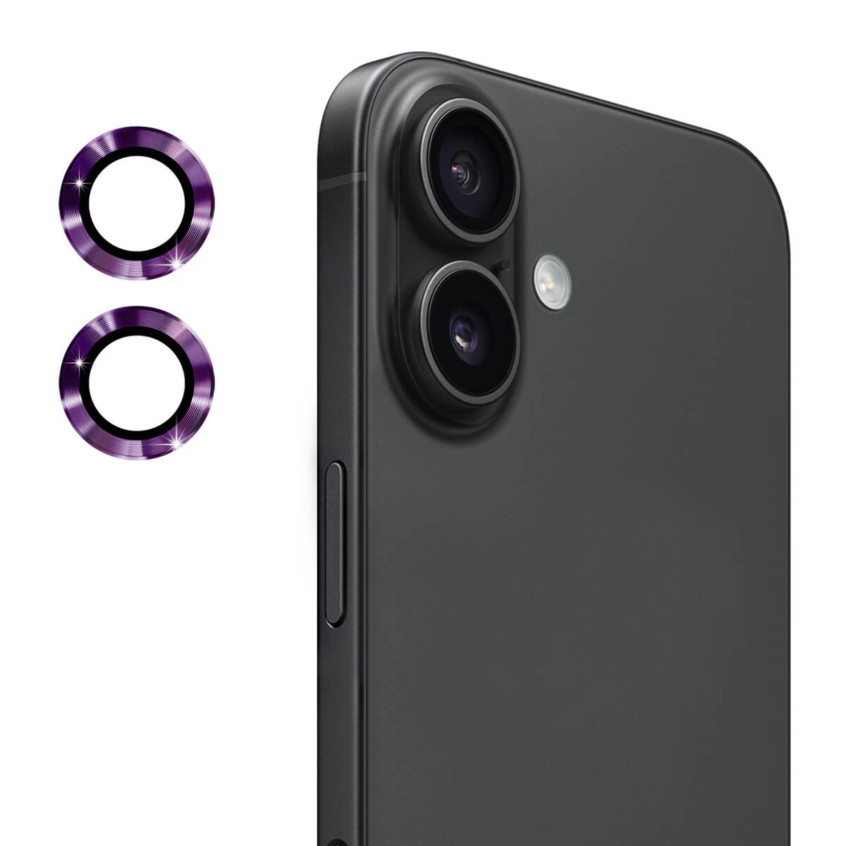 Nahaufnahme der Dual-Kamera eines schwarzen iPhone 17 mit zwei lilafarbenen ENKAY Panzerglas Linsen Kamera Objektivschützern daneben.