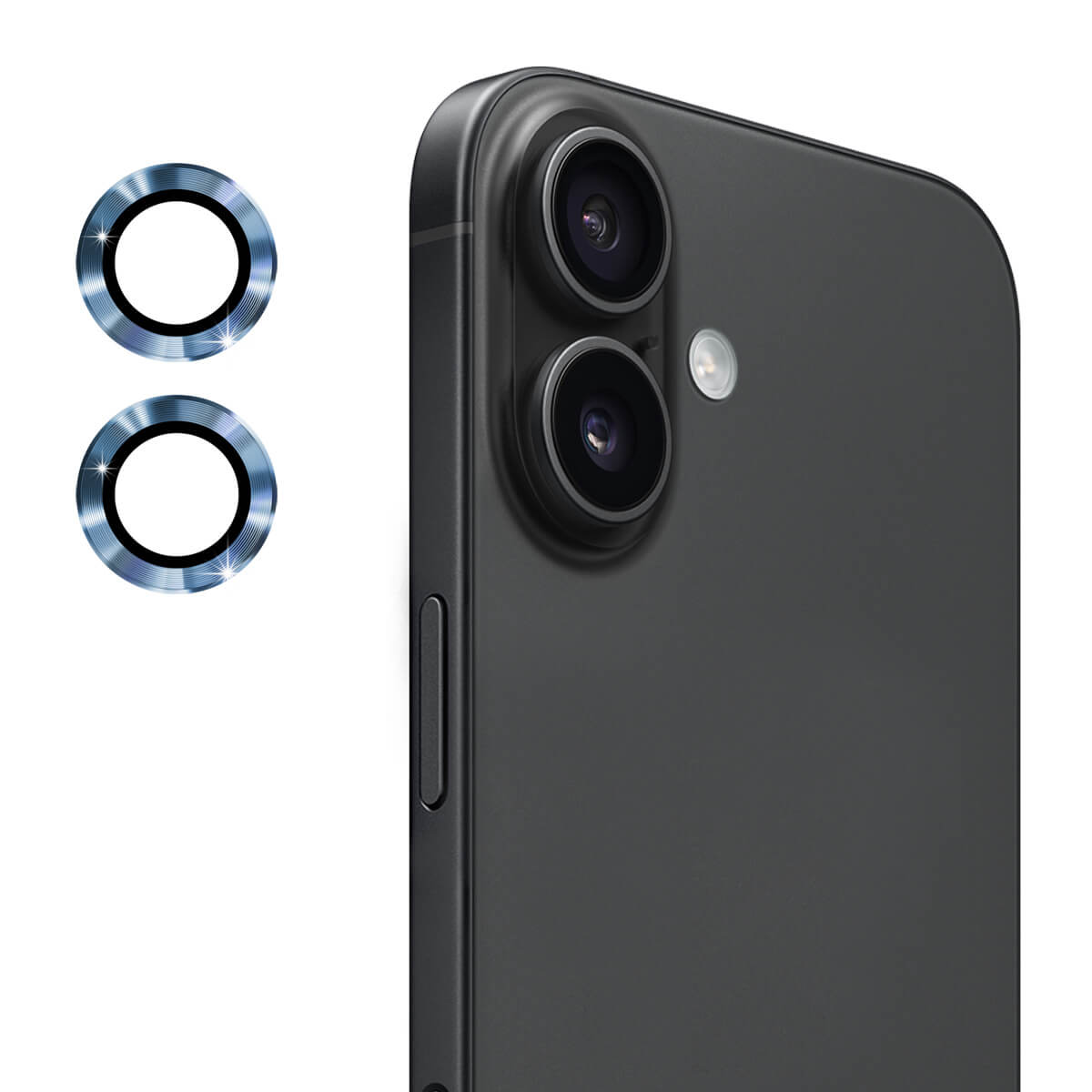 Nahaufnahme des iPhone 17 - ENKAY Panzerglas Linsen Kamera von ENKAY: Dual-Kamera mit zwei kreisrunden Linsen-Schutzgläsern, perfekt für die Präsentation von robustem Kamera-Linsen-Schutz auf weißem Hintergrund.