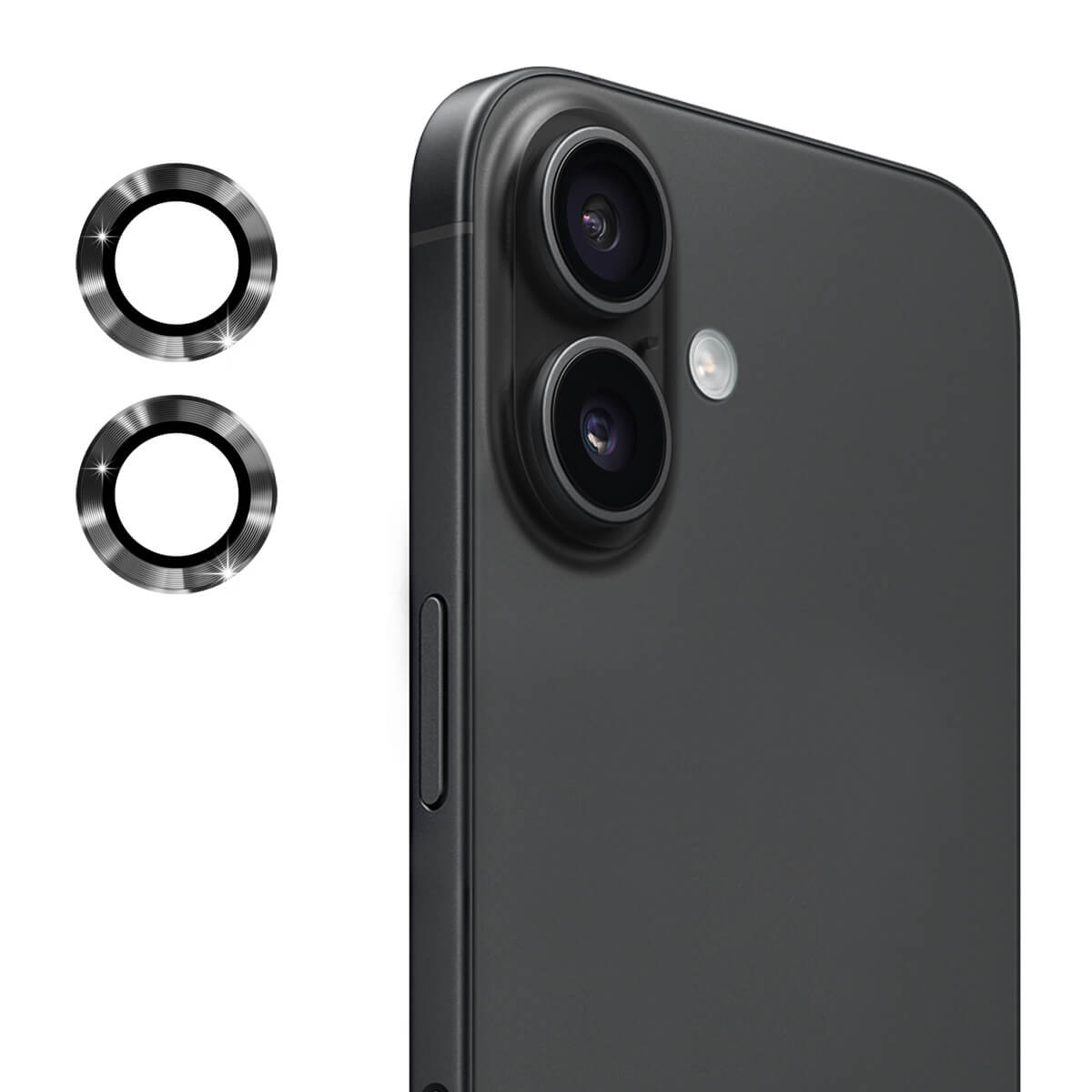 Nahaufnahme der beiden rückwärtigen Kameras eines iPhone 17 mit zwei kreisförmigen ENKAY Panzerglas Linsen Kamera Objektivschützern von ENKAY daneben.