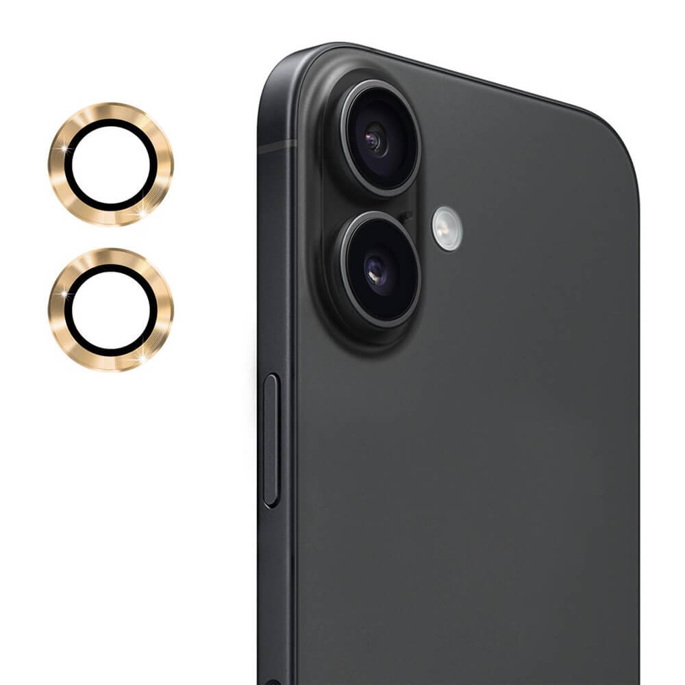 #farbe_gold|Nahaufnahme der Dual-Kamera eines iPhone 17 mit zwei goldenen ENKAY Panzerglas Linsen Kamera Protektoren daneben, die perfekt mit ENKAYs Kamera-Glasschutz kompatibel sind.