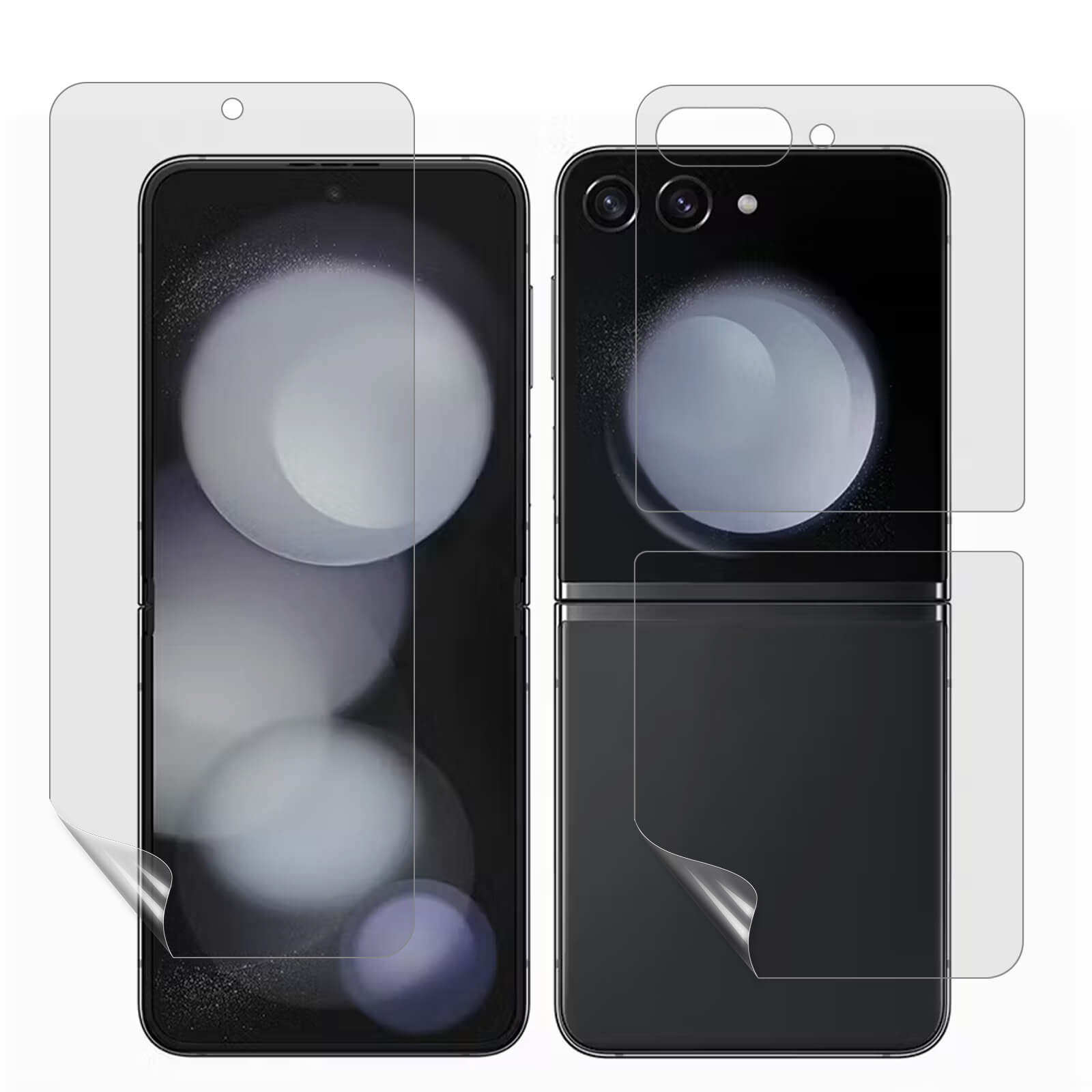 Das faltbare Smartphone zeigt die Galaxy Z Flip7 - Set Display Schutzfolie PET von Cover-Discount mit teilweise abgezogenen PET-Schutzfolien auf der Vorder- und Rückseite sowie am Scharnier.