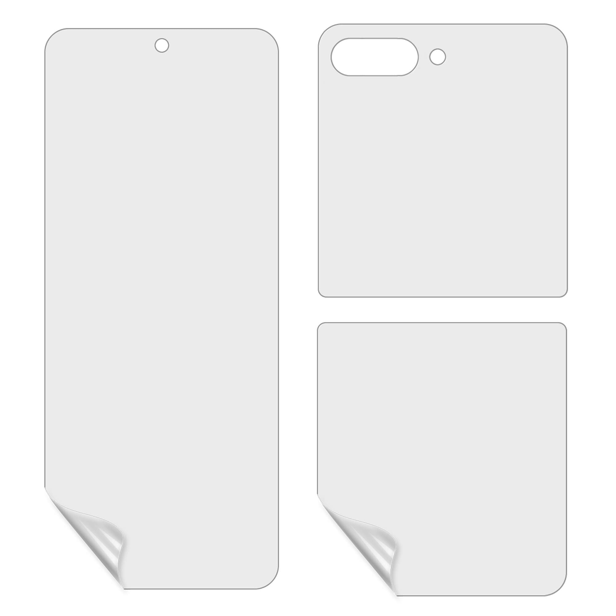 Drei Blanko-Aufkleber mit abgerundeten Ecken, geformt für Handy-Display, Kamera und eckige Flächen - ideal als Cover-Discount Galaxy Z Flip7 - Set Display Schutzfolie PET für zuverlässigen Geräteschutz.