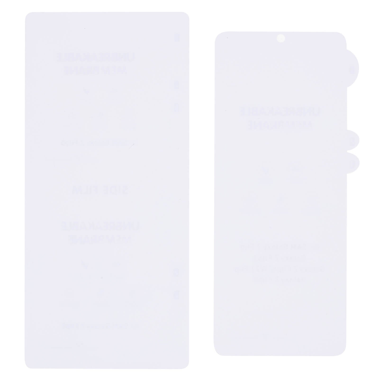 Zwei halbtransparente, rechteckige Kunststoffschablonen von Cover-Discount - Teil des Galaxy Z Flip7 - Set Display Schutzfolie PET - zeigen schwache Texte und Ausschnitte, die nebeneinander auf weißem Hintergrund dargestellt sind.
