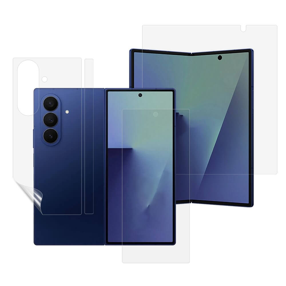 Blaues faltbares Smartphone abgebildet mit Cover-Discount Galaxy Z Fold7 - Set Display Schutzfolie PET für Bildschirm und Körperschutz.