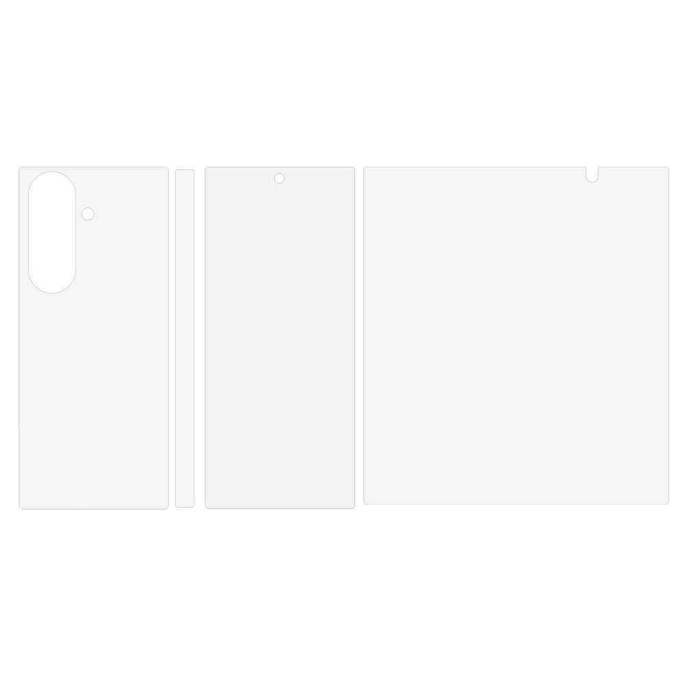 Drei weiße rechteckige Galaxy Z Fold7 - Set Display Schutzfolie PET von Cover-Discount mit präzisen Aussparungen sind nebeneinander auf einem unifarbenen Hintergrund angeordnet und bieten zuverlässigen Schutz für Ihr Gerät.
