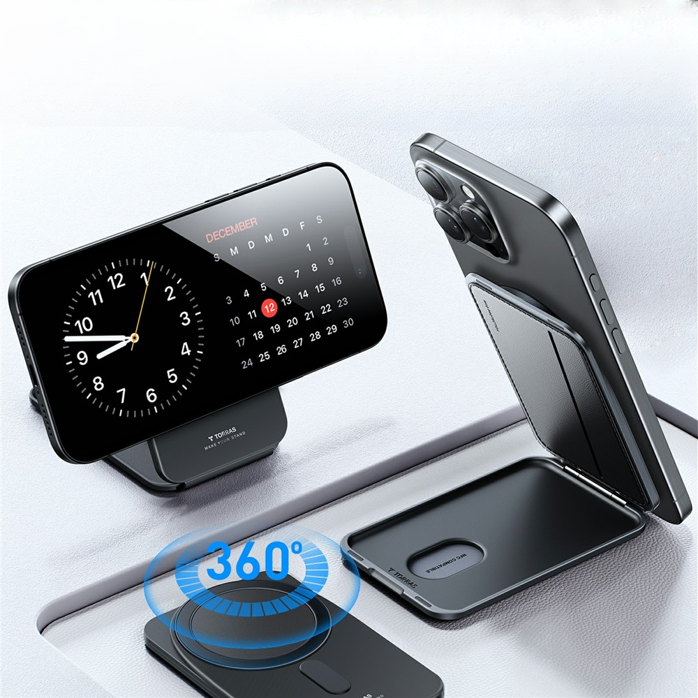 Es werden zwei „TORRAS MagSafe Kartenhalter mit 360°-Ständer für 3 Karten“ von Torras gezeigt, auf denen jeweils ein Smartphone mit Uhr und Kalender zu sehen ist; ein 360°-Symbol verdeutlicht die vollständige Drehbarkeit des Ständers.