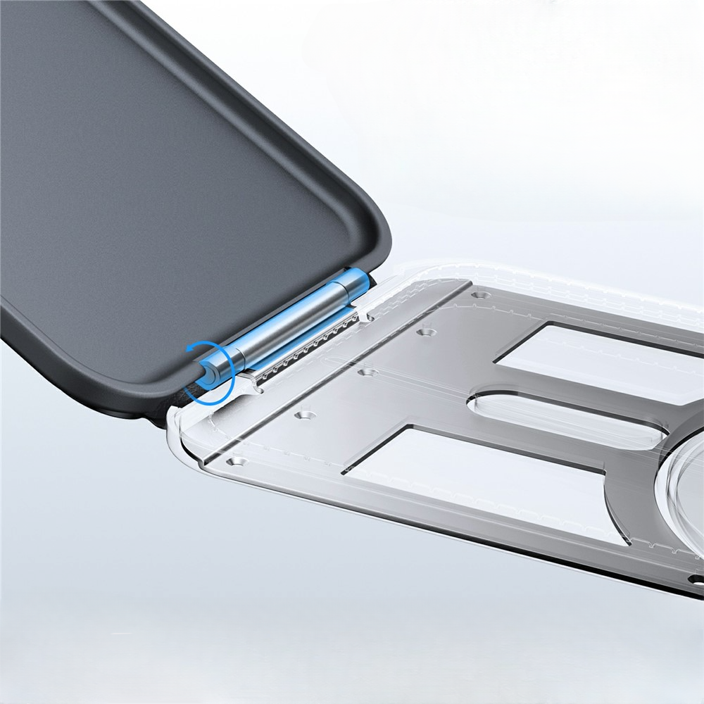 Eine Nahaufnahme des „TORRAS MagSafe Kartenhalter mit 360°-Ständer für 3 Karten“ von Torras, abgebildet an einer transparenten Handyhülle mit Scharniermechanismus und dunkler Abdeckung, die eine praktische Aufbewahrung von Karten ermöglicht.