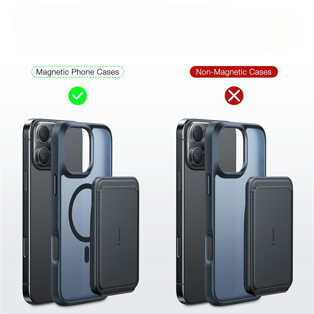Zwei Smartphones mit Hüllen: Das Smartphone auf der linken Seite ist mit einer magnetischen Hülle ausgestattet, die mit dem „Torras MagSafe Kartenhalter mit 360°-Ständer für 3 Karten“ kompatibel ist, während das Smartphone auf der rechten Seite eine nichtmagnetische Hülle trägt; beide sind deutlich beschriftet und mit Symbolen gekennzeichnet.