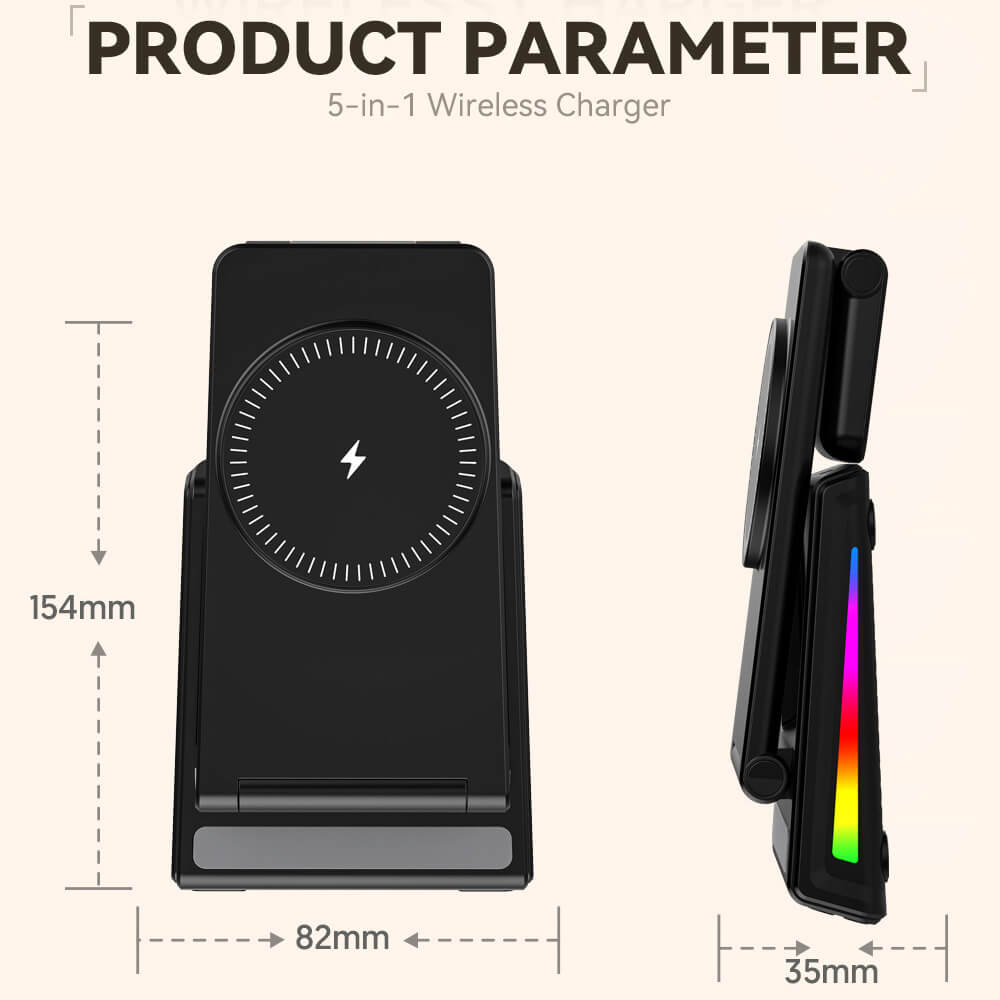 Die Cover-Discount.ch Multifunktionale magnetische kabellose Ladestation für Smartphone/Earbuds/Smartwatch mit LED-Uhranzeige in Schwarz wird von vorne und seitlich angezeigt, Masse: 154x82x35mm.
