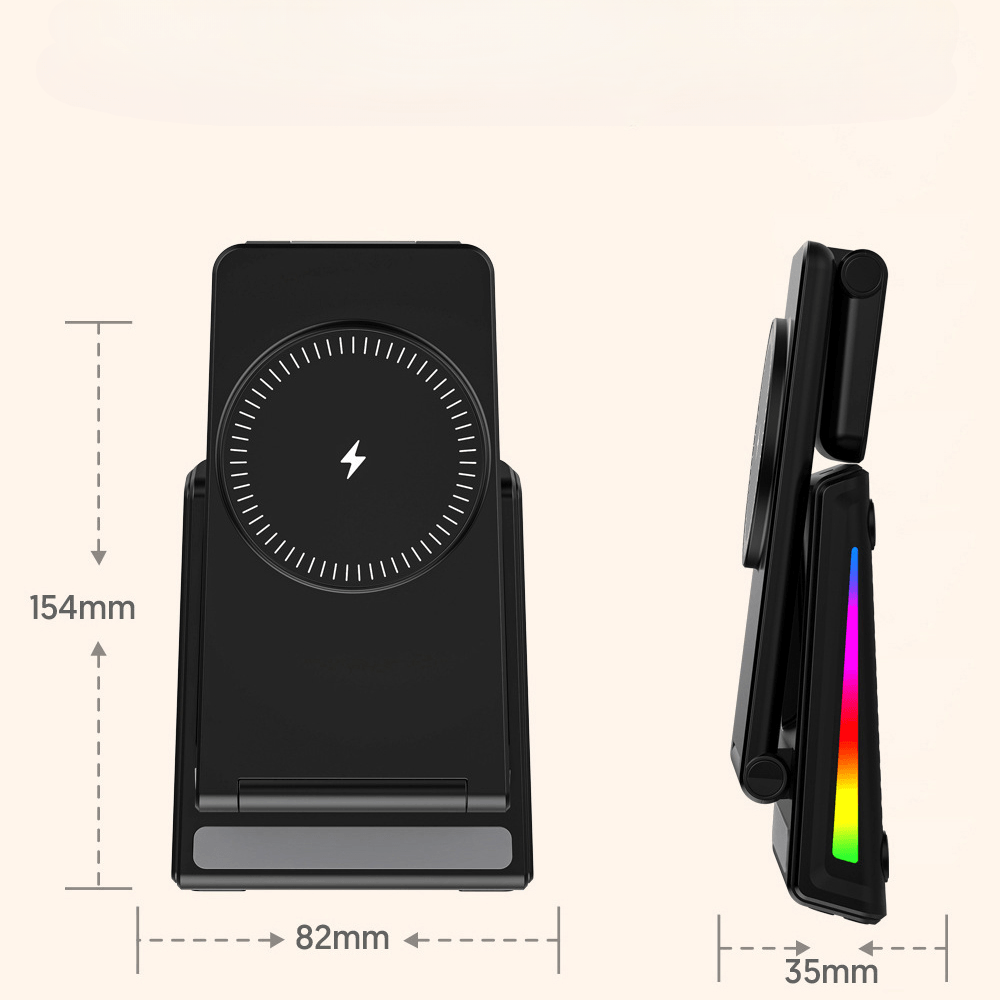 Multifunktionale magnetische kabellose Ladestation von Cover-Discount.ch für Smartphone, Earbuds und Smartwatch mit LED-Uhranzeige (Masse: 154mm x 82mm x 35mm); Seiten- und Vorderansicht abgebildet.