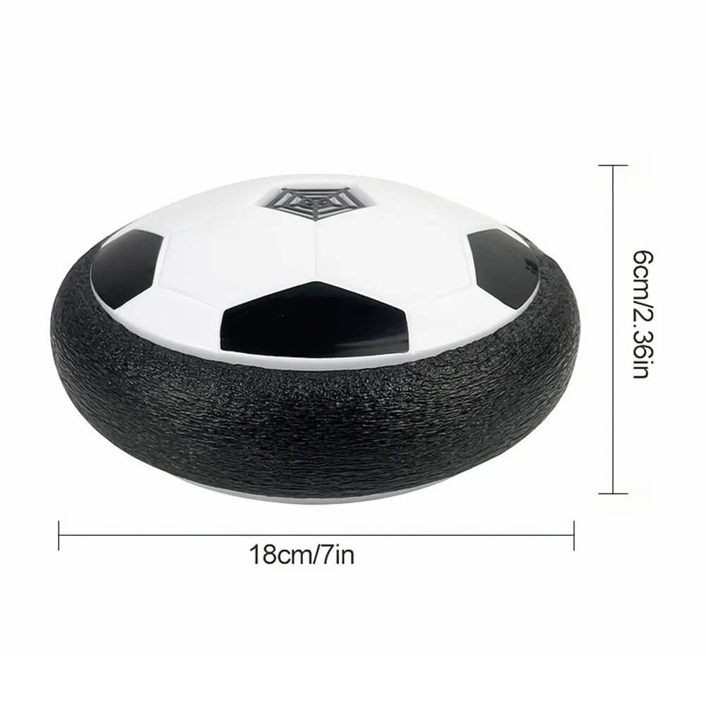 Der Cover-Discount Hover Fußball mit LED Licht ist ein runder, schwarz-weißer Air Power Soccer Ball (18 cm breit, 6 cm hoch) - das perfekte elektrische Indoor-Spielzeug für Kinder.