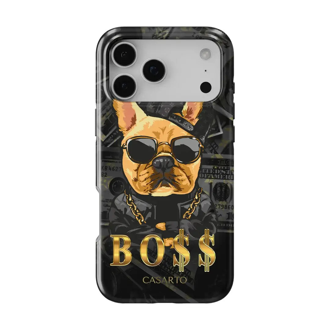 Stylische iPhone 17 Pro Max Hülle von Cover-Discount: Casarto Handyhülle Boss mit Französischer Bulldogge, Sonnenbrille, Ketten & Kappe. MagSafe-kompatibel - ein Must-have für dein Smartphone!.