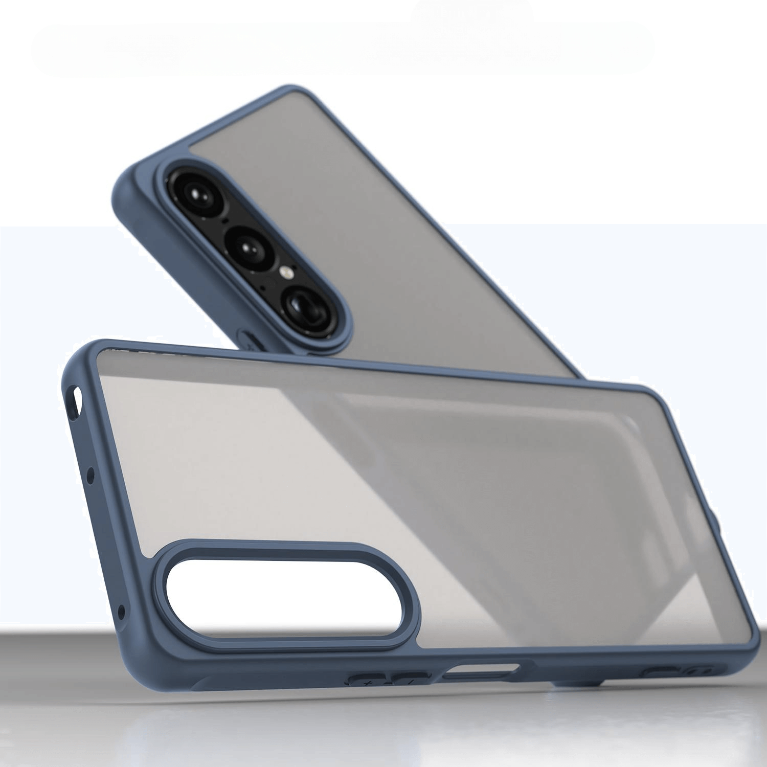 Zwei durchsichtige Cover-Discount Acryl-Handyhüllen mit Bumper und Kameraschutz für das Sony Xperia 1 VII - eine schützt das Telefon und zeigt einen präzisen Kameraschutz, die andere liegt flach - sind mit blauen Rändern versehen.