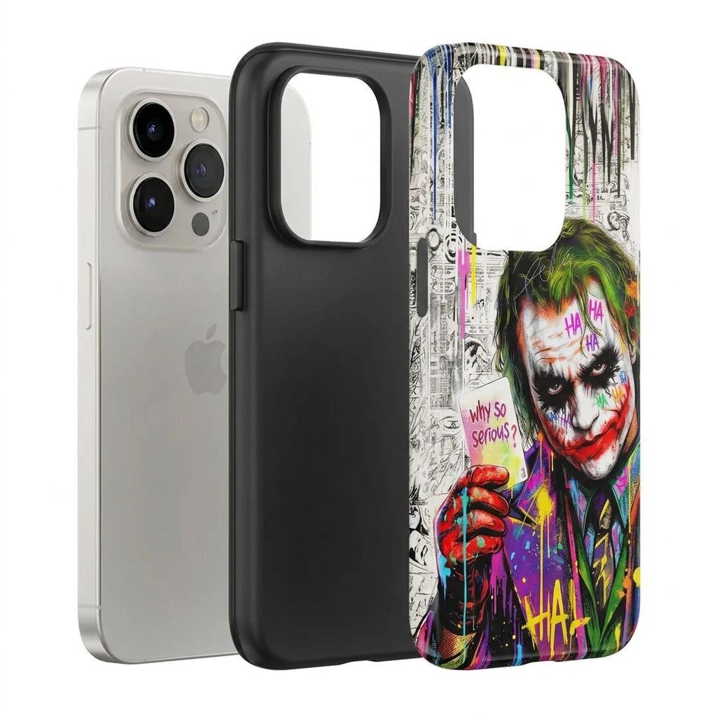 Ein silbernes Smartphone mit einer schwarzen iPhone 18 Pro Max Casarto Handyhülle mit MagSafe Mad Smile-Hülle.