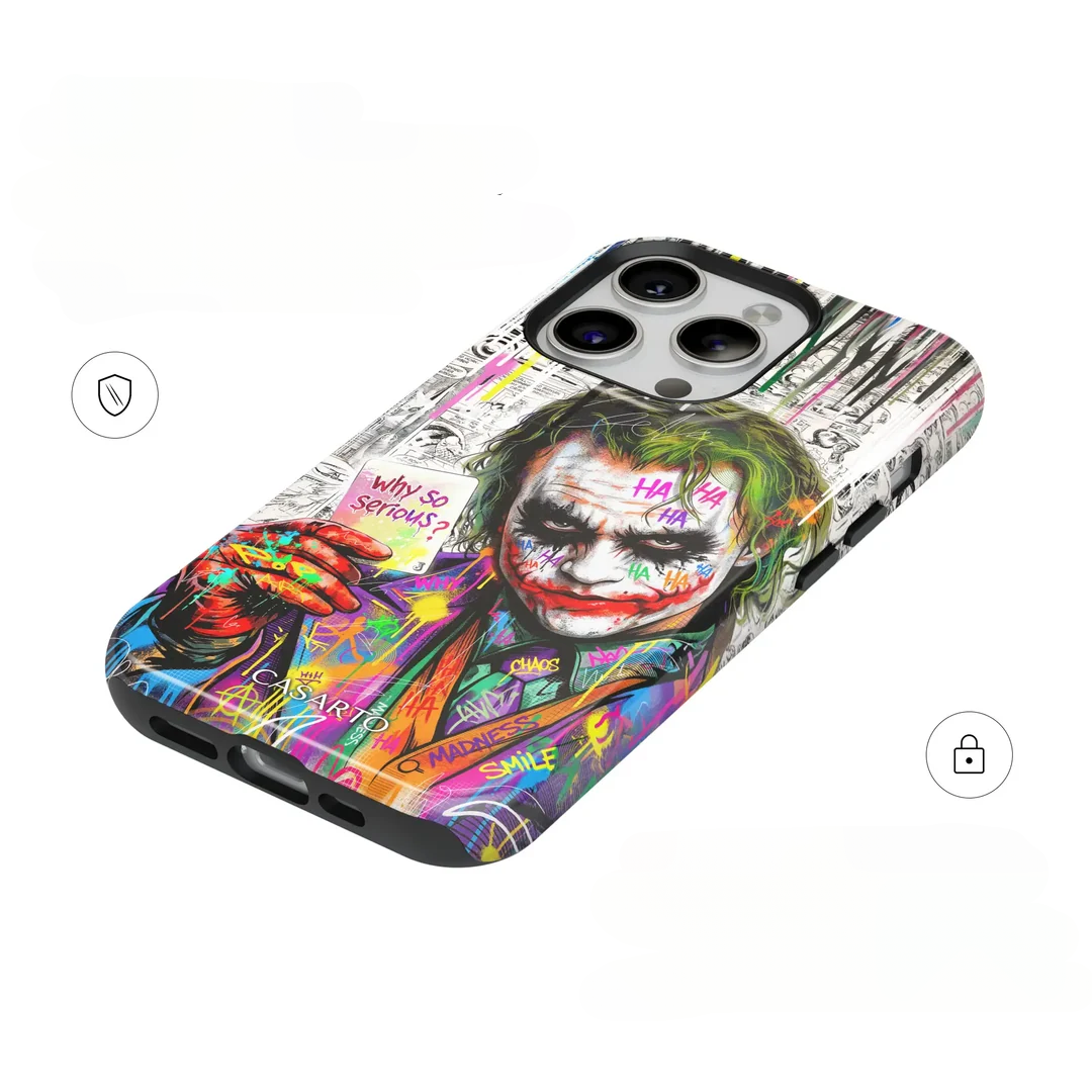 Cover-Discount iPhone 18 Pro Max MagSafe-Hülle mit einer farbenfrohen Mad Smile Joker-Illustration.