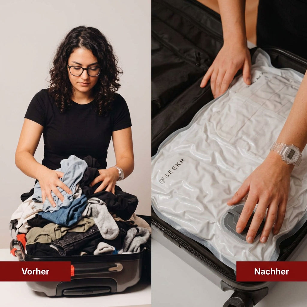 Kleidung in einem Koffer vor und nach der Verwendung eines SEEKR AirPack M – 18L Vakuum-Reisebeutels.