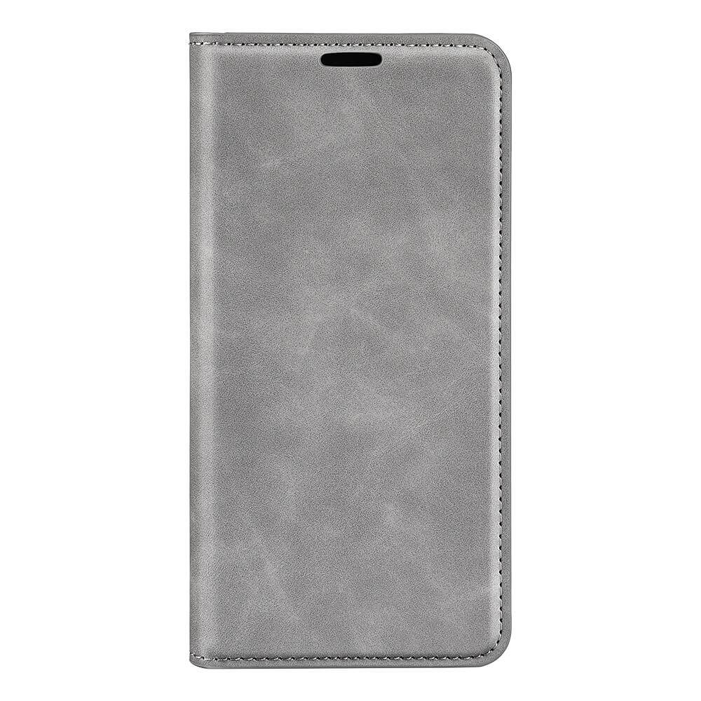 Das Cover-Discount Sony Xperia 1 VII - Stand Flip Case Hülle in grauem Leder verfügt über eine geschlossene Frontabdeckung, die nach vorne gerichtet vor einem weißen Hintergrund angezeigt wird.